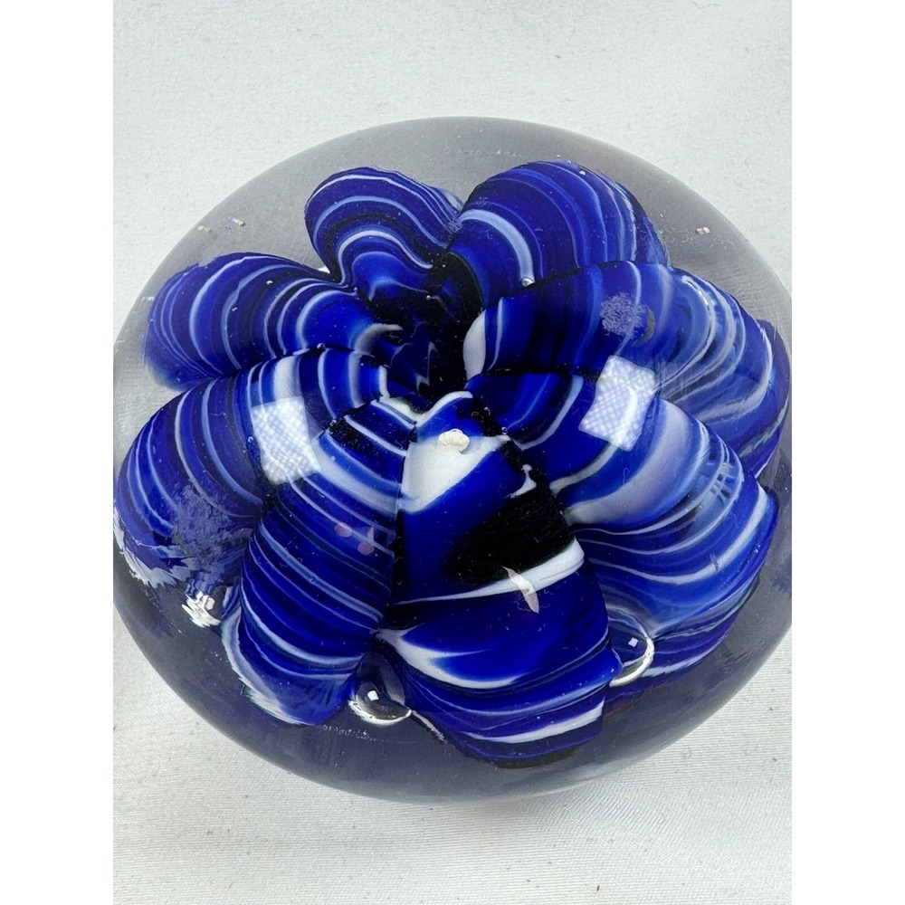 Hand Blown Glass Paperweight Cobalt Blue Swirls Floral Design Joe St Clare READ